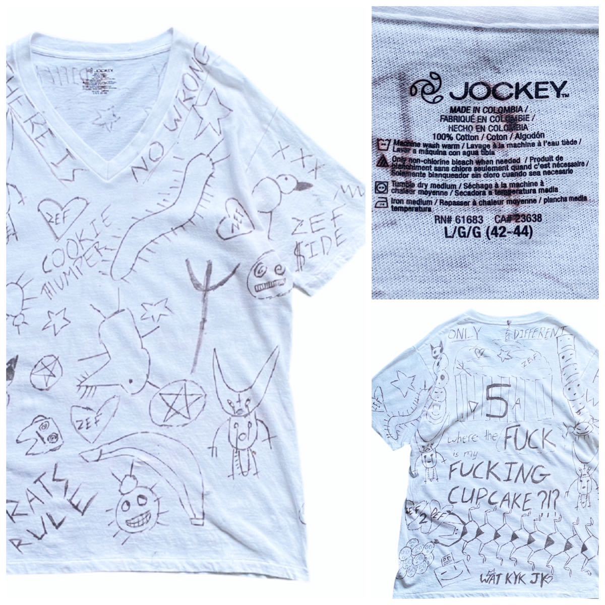 90's ~ JOCKEY Vintage V-neck T-shirt Graffiti Hand-drawn Message Handmade Fuck Character Centipede White, Large size, V-neck, Patterned