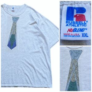 USA製 90's Russell ラッセル ヴィンテージ Tシャツ XXL アッシュ グレー ネクタイ フェイク 騙し絵 シングルステッチ ビッグシルエット