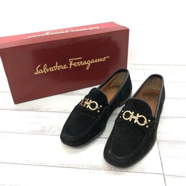 33 サルヴァトーレ フェラガモ ガンチーニ ローファー 黒 24cm B 子牛革 スウェード ブラック Salvatore Ferragamo