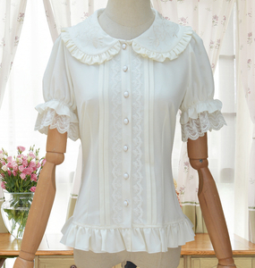 新品 Lolita レディースシャツ 人形襟 刺しゅう 半袖 パフスリーブ かわいい 清楚 ホワイト フェミニン S M L XL