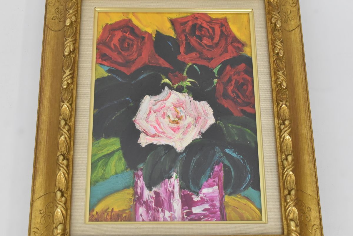 569P 0802T11) 1円~ 額装油絵『 薔薇の絵』F4 油彩絵画美術品