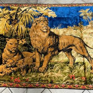 希少芸術品！BIGサイズ！ヴィンテージラグ　ライオンの親子の絨毯　イタリア雑貨ラグ/フランス英国ペルシャキリム家具イギリスアンティーク