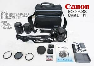 Canon キャノン EOS Kiss Digital N ☆ 一眼レフデジタルカメラ ☆レンズ3本・充電器・バッテリー・Lexar PLATINUM Ⅱ 8GB 他　◎動作品