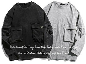 ★春新作 ウォッシュド ビッグポケ ラウンドネック ミリタリー スウェットカットソー 2色展開 M〜2XL 大きいサイズ ヴィンテージ★T749