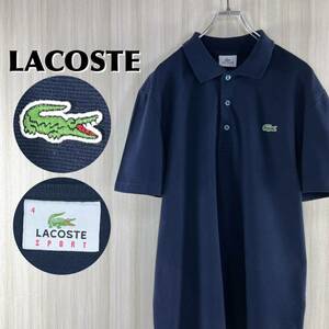 【人気カラー】【王道アイテム】LACOSTE ラコステ スポーツ ワニ ロゴボタン サイドスリット 半袖ポロシャツ サイズ4 ネイビー 濃紺 古着