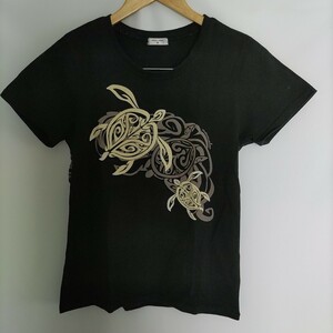 maunaloa　レディース　半袖　コットン　ホヌ　ウミガメ Tシャツ　カットソー　M　ブラック