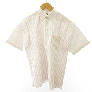 バーバリー ロンドン BURBERRY LONDON ストライプ シャツ ボタンダウン BDシャツ 半袖 ホースロゴ 刺繍 コットン 白 ピンク 39 約M メンズ