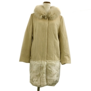 Misch Masch coat no color single long biju- brooch switch fur plain wool long sleeve M beige lady's 