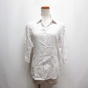  Ined INED 7 minute sleeve stripe pattern shirt blouse 9 white white made in Japan lady's 