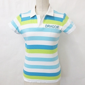 ダンスウィズドラゴン Dance With Dragon ポロシャツ ゴルフ 半袖 ロゴ 刺繍 ボーダー 白 青 ホワイト ブルー グリーン 2 レディース