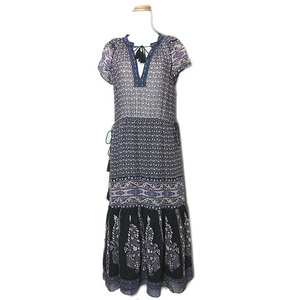 ウラ ジョンソン ULLA JOHNSON INDIAN PT DRESS ワンピース ロング シルク 半袖 総柄 タッセル 2 S相当 青 黒 ■GY09 レディース