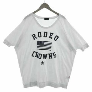 ロデオクラウンズワイドボウル RCWB Tシャツ カットソー 五分袖 チュニック丈 ロゴ 星条旗 デニム コットン混 ホワイト 白 青 F