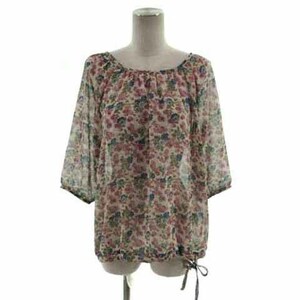  L ELLE PLANETE cut and sewn short sleeves see-through sia- material hem draw code floral print beige multicolor 38 lady's 