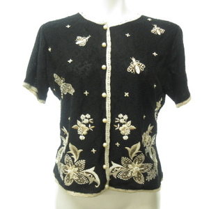 クリスチャンディオール Christian Dior ヴィンテージ カーディガン ノーカラージャケット 半袖 パールボタン 刺繍 花柄 ビーズ ブラック M