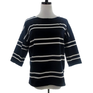  Ined INED cut and sewn 7 minute sleeve round neck cotton border 9 navy blue white navy white tops /BT lady's 