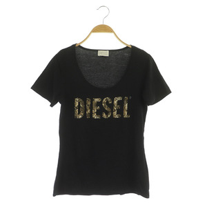 ディーゼル DIESEL カットソー 半袖 Uネック スパンコール ロゴ コットン S 黒 ブラック /MY ■GY09 レディース