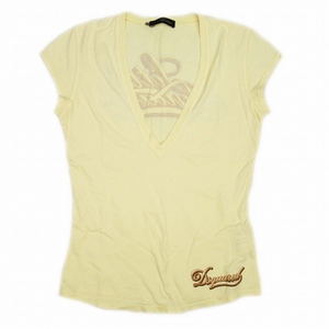 ディースクエアード DSQUARED2 Vネック ロゴ プリント Tシャツ 半袖 ダメージ 加工 コットン トップス カットソー M 黄色 イエロー