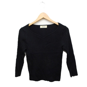  Laisse Passe LAISSE PASSE rib knitted sweater 7 minute sleeve Heart Shape do neck plain 38 black black /FT29 lady's 