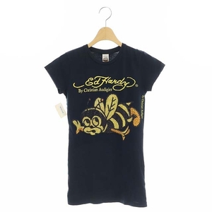 エドハーディー Ed Hardy ラインストーン装飾プリントTシャツ カットソー 半袖 コットン XS 紺 ?色 オレンジ /NR ■OS レディース