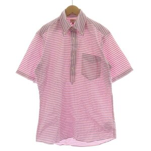 ジェイプレス J.PRESS ボタンダウンシャツ カジュアルシャツ プルオーバー ボーダー 麻混 リネン混 半袖 L ピンク 水色 サックスブルー