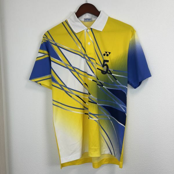 YONEX ヨネックス メンズ 半袖 ポロシャツ トップス スポーツ ウェア テニス Lサイズ 大きいサイズ イエロー ブルー ホワイト ロゴ 背番号5