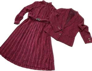  Vintage платье костюм (. красный × черный ) плиссировать One-piece & жакет & бабочка узор пряжка ремень ( оборка золотой . кнопка 