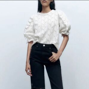 ZARA バルーンスリーブ 透かし編み Tシャツ