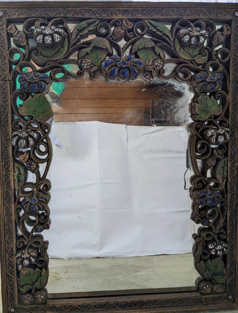 Espejo antiguo tailandés hecho a mano, espejo de trabajo, tocador, espejo de cuerpo entero, hecho a mano, entrada de regalo del siglo XX, 690x870x43mm, se puede colgar, gran talla de madera antigua, muebles, interior, espejo, montado en la pared