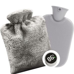 湯たんぽ 温度表示 かわいいカバー付き ゆたんぽ お湯入れ 電気不要 柔らか ゆたんぽ 足 冷え対策 生理期最適 大容量 2L (グレー)