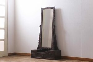 R-039712　ヴィンテージ家具　伝統工芸　軽井沢彫り　桜の意匠が目を惹く上品な佇まいの鏡台(ドレッサー)(R-039712)