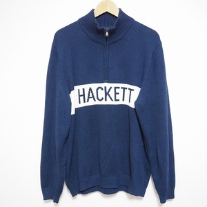 #anc ハケットロンドン HACKETT LONDON ニット・セーター XL 紺 白 ハーフジップ ロゴ コットン メンズ [828493]
