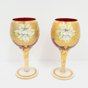 #anv ムラーノガラス MURANO GLASS ワイングラス ペア 2客 ベネチアンガラス 赤系 金彩 [826782]の画像1