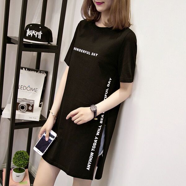 ワンポイントロゴ フェイクTシャツ ワンピース スリッド風 Tシャツ 半袖 ロゴデザイン オルチャン 韓国ファッション