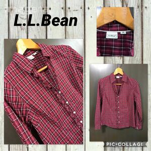 ◆L.L.Bean エルエルビーン 長袖シャツ ブラウス スキッパー 片側フリル チェック柄 薄手 綿100% レディースXS 超美品 1部訳あり