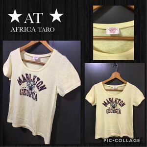 ◆AFRICA TARO アフリカタロウ 半袖カットソー Tシャツ 霜降り ロゴイラスト ストレッチ 薄手 Fサイズ （Mぐらい）比較的綺麗 