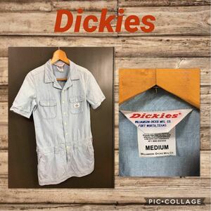 ◆Dickies ディッキーズ 半袖 デニム シャツ ワンピース オールインワン レディースM ライトブルー 美品