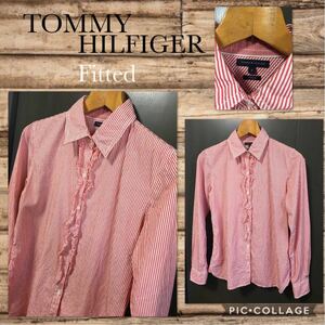 TOMMY HILFIGER Tommy Hilfiger long sleeve blouse shirt frill stripe spring summer size 8 lady's M~L about selling price \12000+ tax beautiful goods 