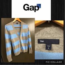 ◆Gap ギャップ 長袖 Vネック カーディガン コットンニット　薄手 ボーダー柄　レディースS 美品_画像1