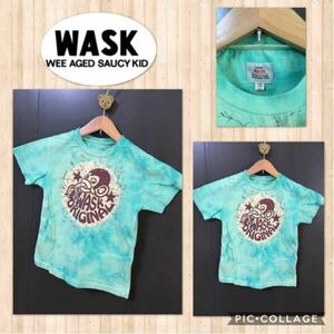 ★WASK/BeBe ワスク 半袖 Tシャツ イラストプリント リブ付き タイダイ染め キッズ 男の子 100cm 綿100% 美品訳あり 日本製 