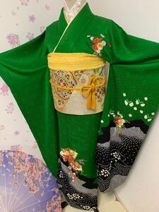 着物　振袖 フルセット秀品 檜扇 流水 金糸 刺繍 緑 袷 正絹