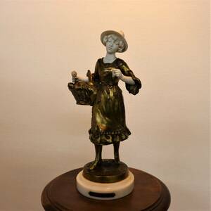 【真作】 C.N.Clem 作 花を持つ少女 ブロンズ像/銅像 高さ約30㎝ フランス製 彫刻/西洋彫刻/オブジェ サイン有 一部欠け有/現状品 『U155』