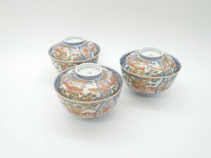 R-070416 Edo period old Imari gold paint overglaze enamels approximately 12cm 3.8 size polite . muffle painting was done gorgeous . cover attaching tea cup 3 customer set ( lion, pine bamboo, Japanese-style tableware, three size . minute )