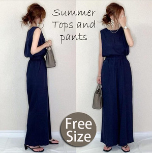  setup lady's cut and sewn sleeveless blouse wide pants navy navy blue summer beautiful . tops pants easy 