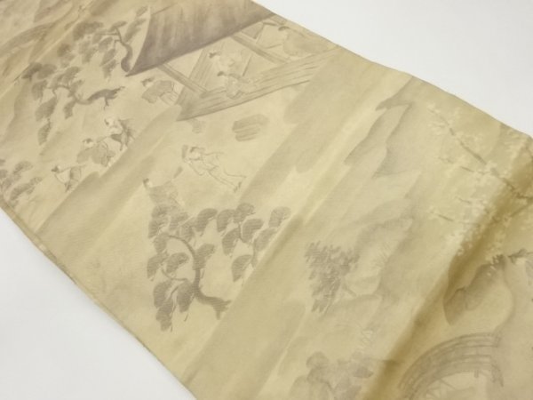 ys6735513; Sou Sou Handgezeichneter Nagoya-Obi mit historischen Figuren und einer Landschaft aus Kyoto [Recycelt] [Getragen], Band, Nagoya Obi, Fertig