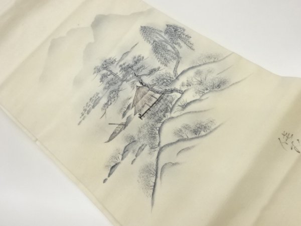 ys6750027; Sou Sou Künstlerarbeit Handgewebtes Tsumugi handgemaltes Landschaftsmuster von Bergen, Bäume, Boote und Häuser Nagoya Obi [Recycelt] [Tragen], Damen-Kimono, Kimono, Tsumugi, Omeshi, Andere