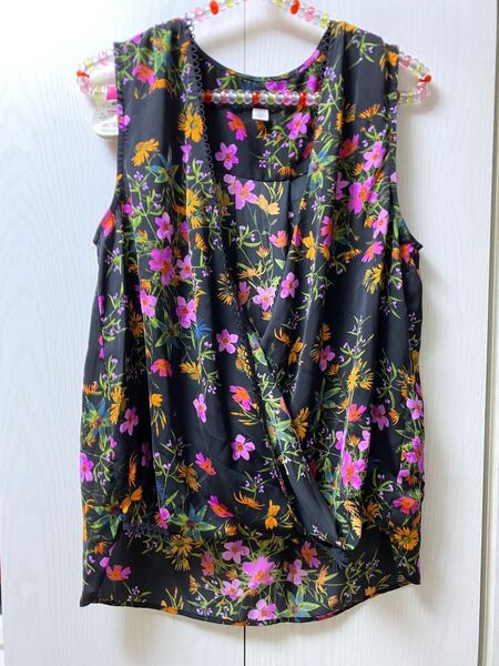 新品 高級★インポート カシュクールブラウス★花柄 ブラウス ボタニカル柄 ノースリーブ ロング丈 バルーン チュニック S〜M