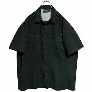 ★Dickies ★半袖シャツ 2XL ブラック×同色ストライプ柄 刺繍ロゴ ピスネーム ホワイトステッチ クリーニング プレス済み USED 0852