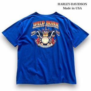【HARLEY-DAVIDSON】ハーレーダビットソン USA製 プリントTシャツ Tee 豚 猪 ファイヤーパターン 2002年 HOLOUBEK 青 ブルー 古着 2XL