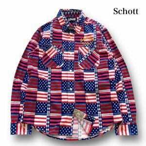 【Schott】ショット アメリカチェック柄 長袖シャツ ボタンダウン チェーン刺繍ロゴ ボーダー柄 星柄 スター ブロックチェックワークシャツ
