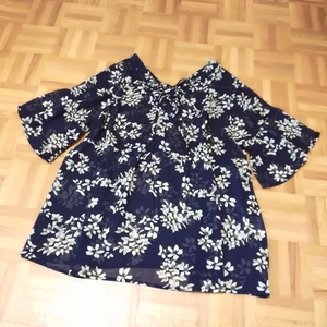 Y4917*OLIVE des OLIVE* middle floral print see-through both V neck short sleeves tunic * navy *F